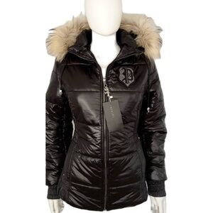 NWT WOMEN BLACK JACKET PARKA REAL FUR TRIMMED  HOOD PUFFER ZIPPERED‎ COAT